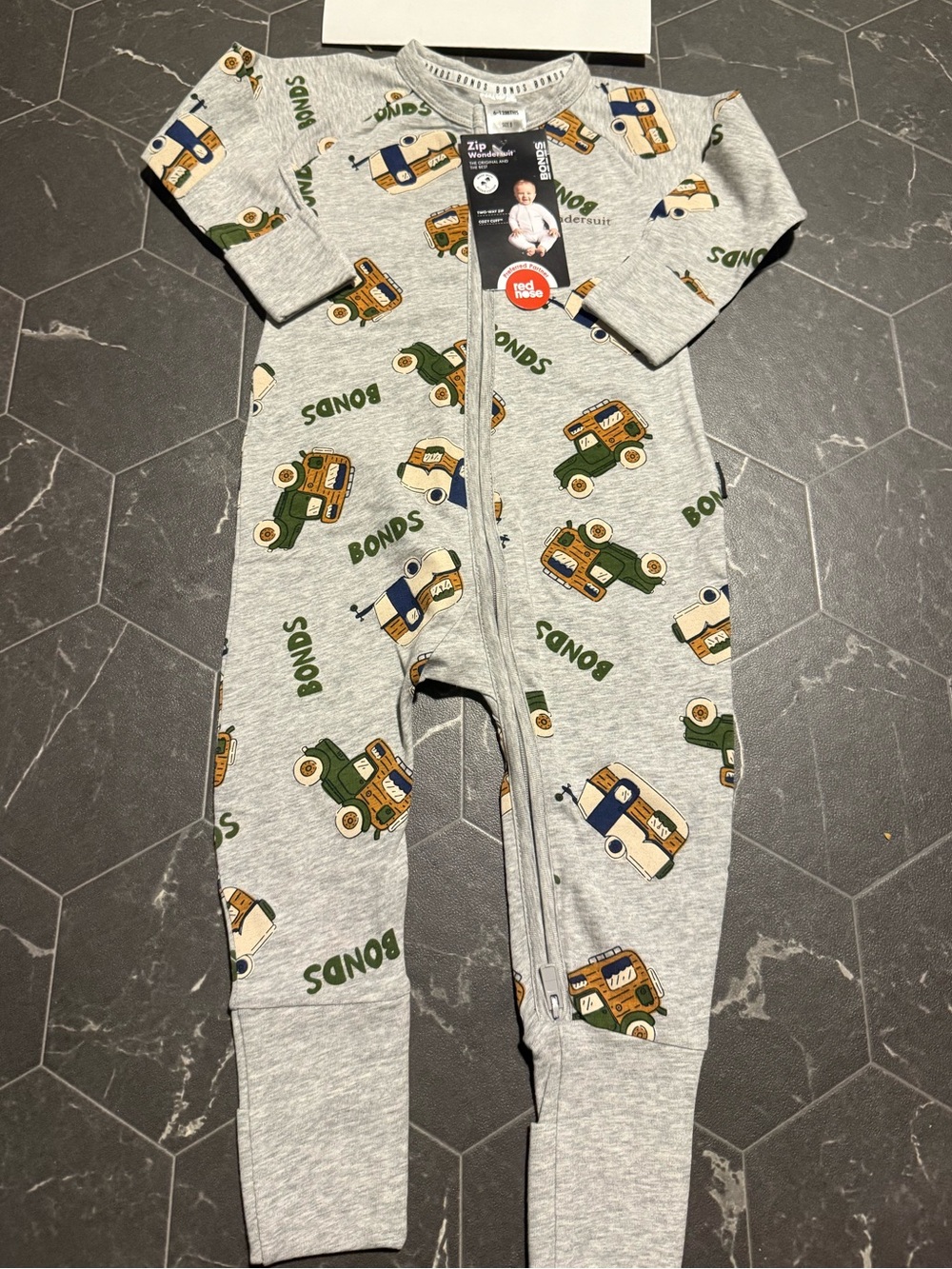 Bonds Grey Zip-Front Kids One-Piece with Vehicle Print